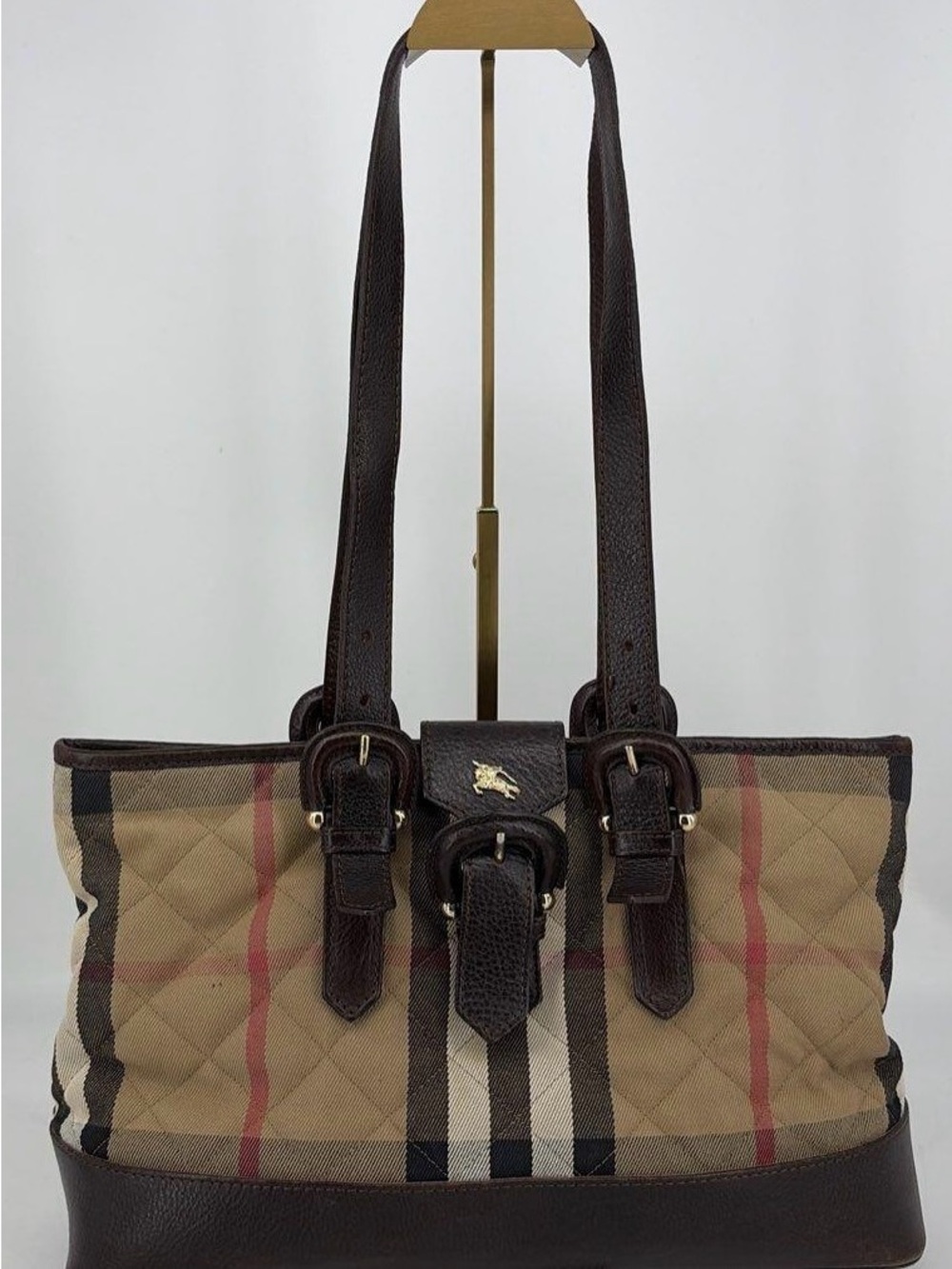 Burberry Beige Plaid Quilted Tote with Dark Brown Leather Trim